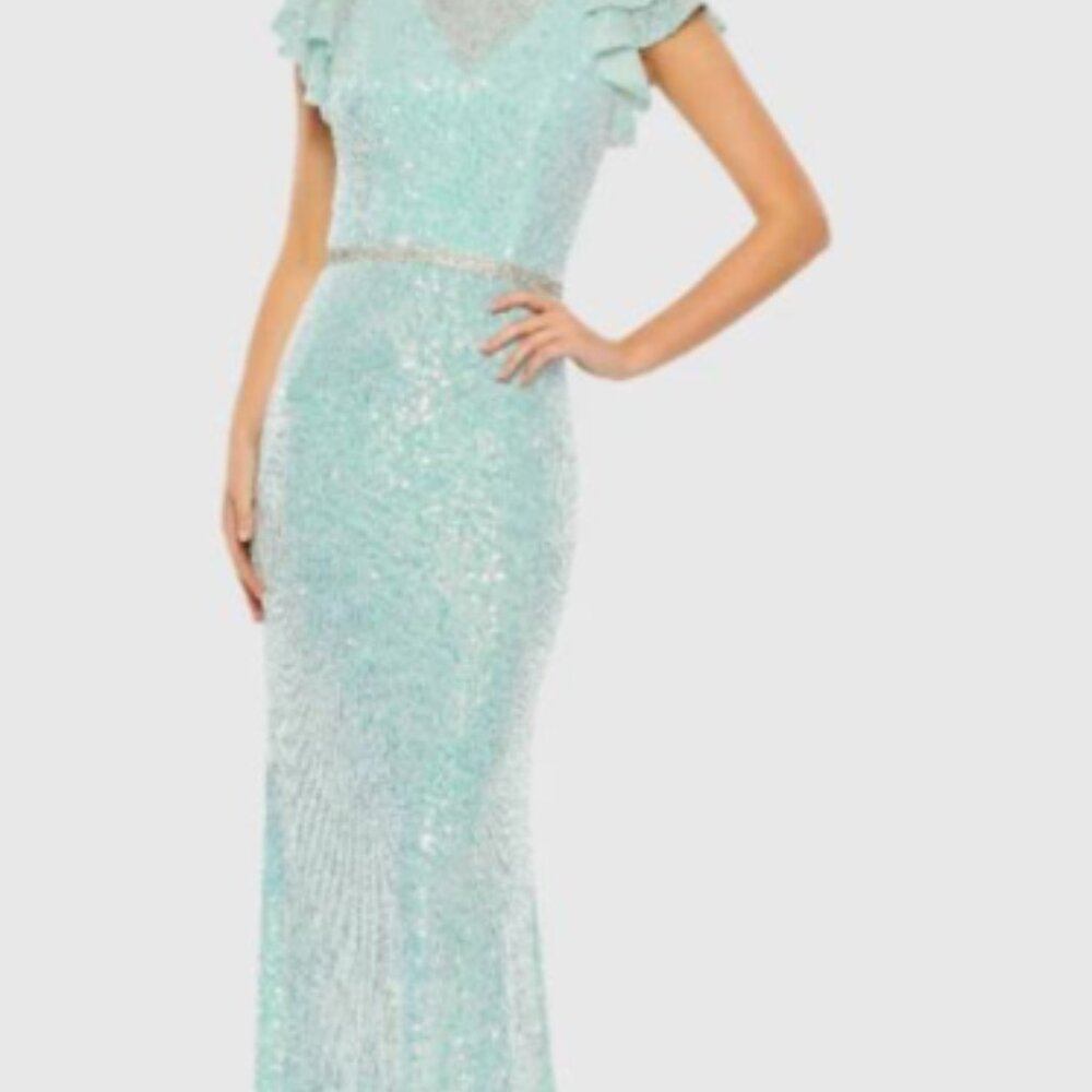 (Gb1) Mac Duggal Sequined High Neck Flutter Sleeve Gown, 4